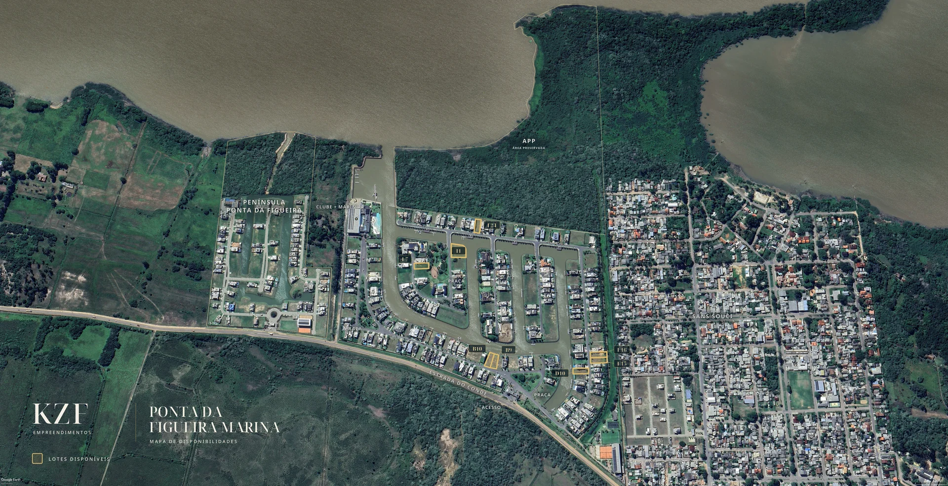 Masterplan aéreo do Ponta da Figueira Marina com os lotes disponíveis demarcados